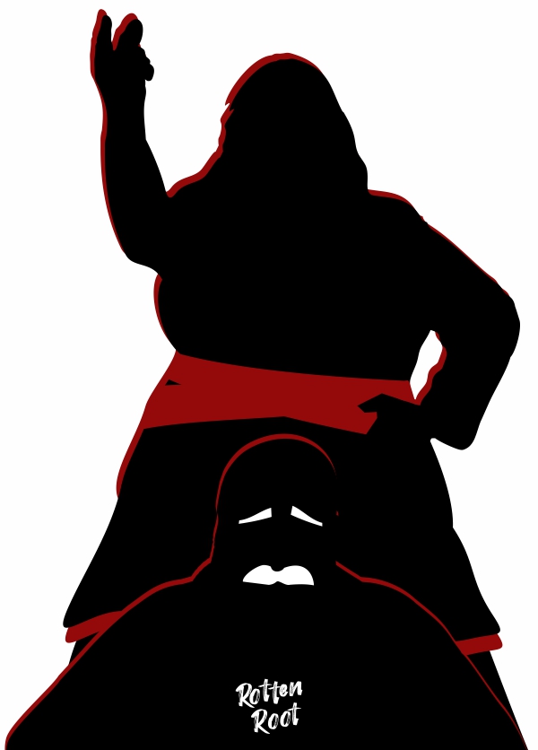Ilustração com um fundo branco no qual, ao centro, a silhuenta de uma mulher de cabelos longos e corpo volumoso apoia a mão esquerda na cintura enquanto gesticula com a mão direita. Na parte inferior, ao centro, há a silhueta de um homem gordo, com bigode e sobrancelhas indicando tristeza.